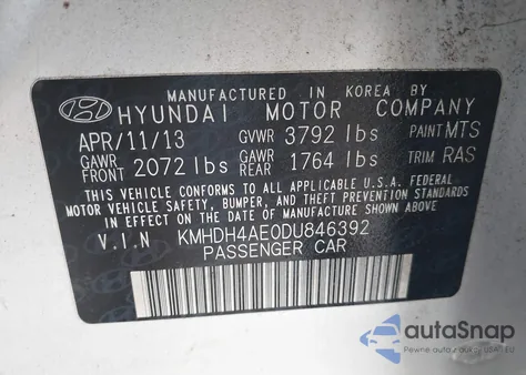 2013 Hyundai Elantra Gls из США, поврежденный, VIN KMHDH4AE0DU846392